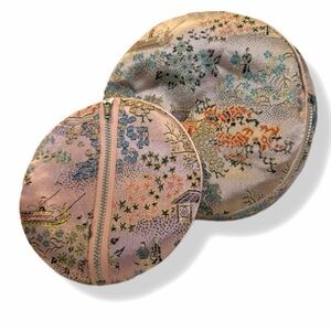 Vintage Asian Silk Brocade Jewelry Travel Bag Set Pink Floral Chinoiserie Pouch